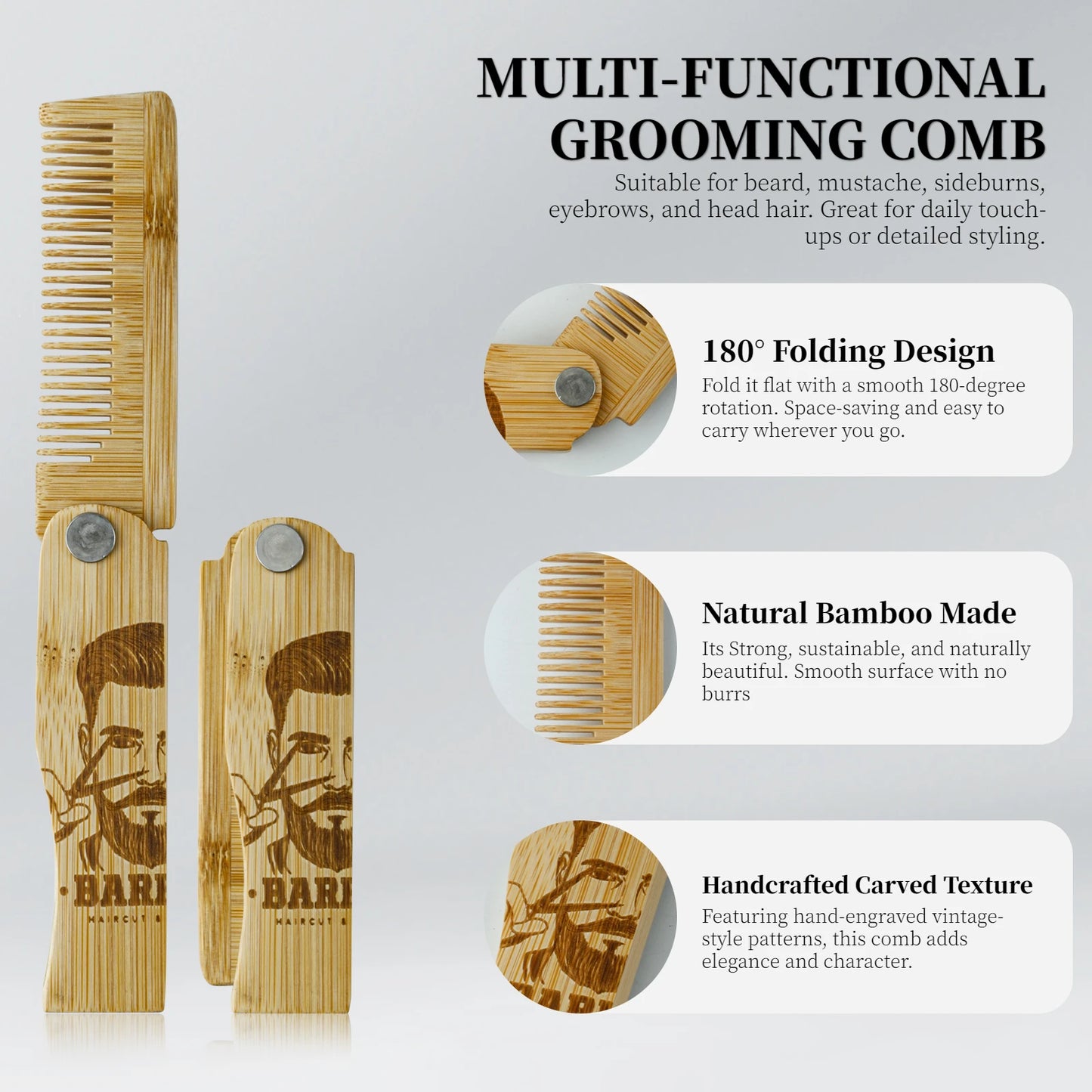 1/2/6Pcs Men's Portable Folding Pocket Combs Set Bamboo Beard Comb Anti-Static Hair Styling Fine Tooth Combs